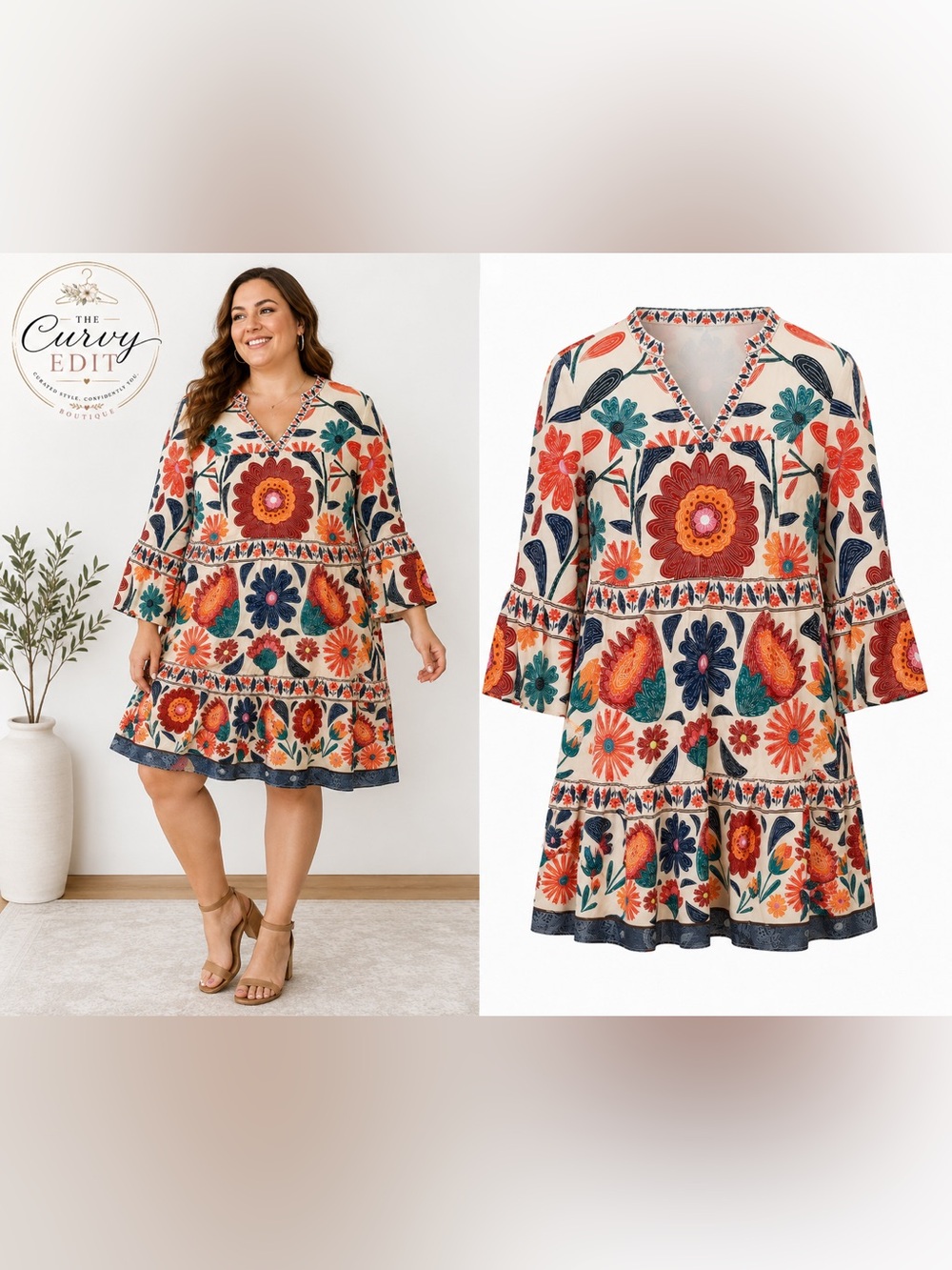 Boho Floral Tiered Bell Sleeve Dress Folk  Multicolor Ruffle SHEIN Curve 0X